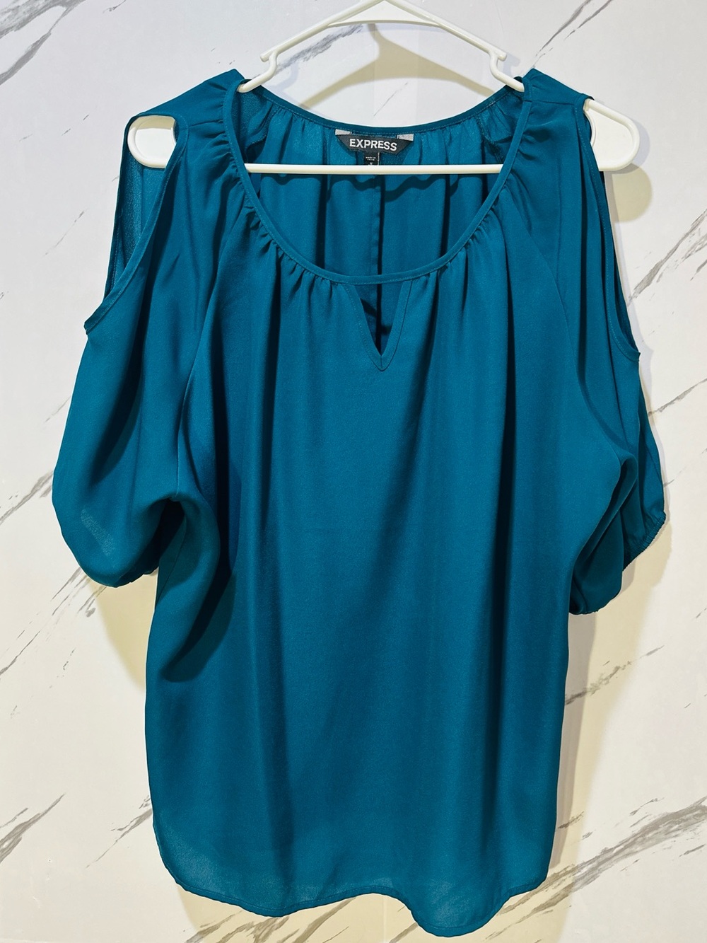 Express Teal Cold Shoulder Blouse Cutout Short Sleeve Keyhole Work Office Top
